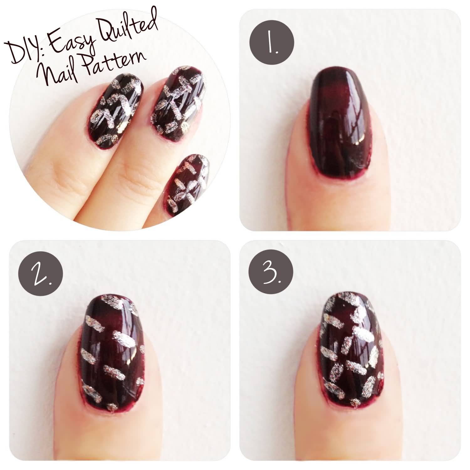 Glossy Brown And Silver Pattern Nail Art Design