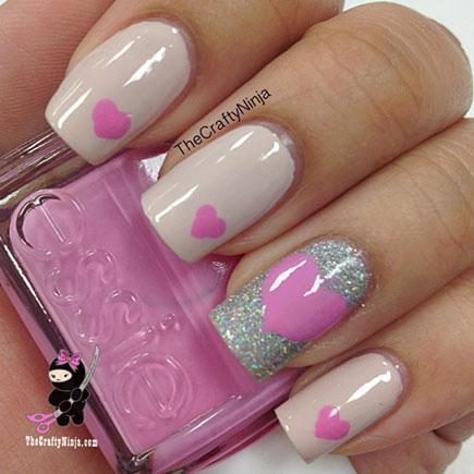 Glossy Pink Hearts Nail Art Idea