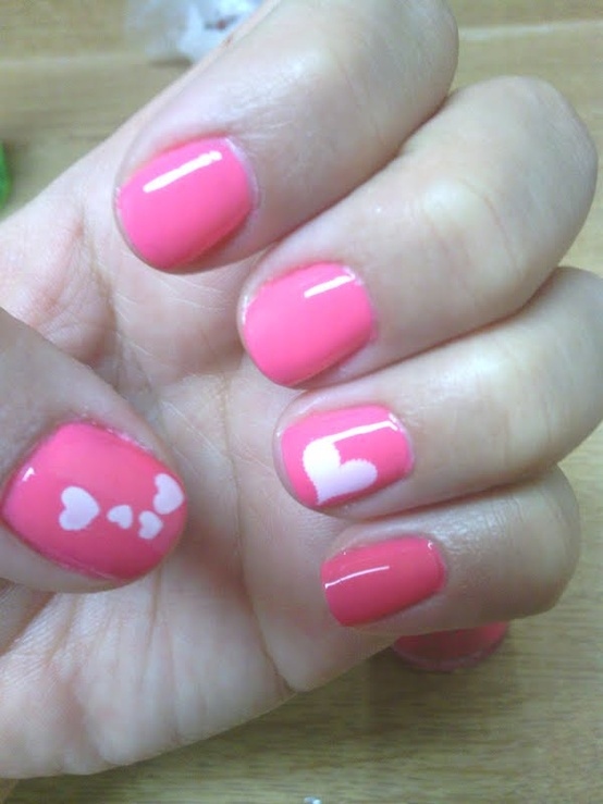Glossy Pink Nails With White Hearts Nail Art Design Idea