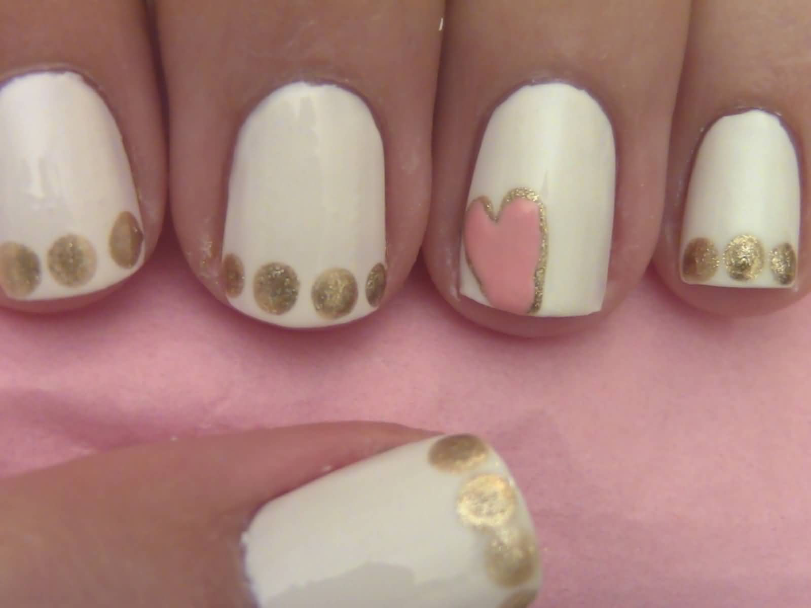 Gold Glitter Polka Dots And Pink Heart Nail Art