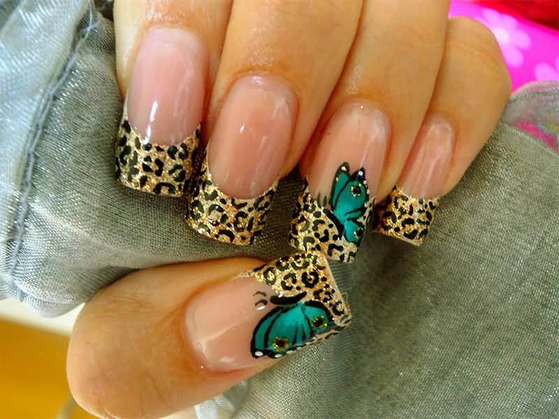 Gold Leopard Print With Blue Butterfly Nail Art