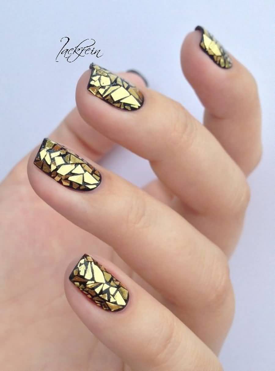 Golden Mosaic Nail Art Design Idea
