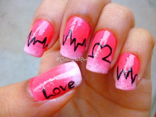 Gradient Pink Nails With Heartbeat And Love Text Nail Art