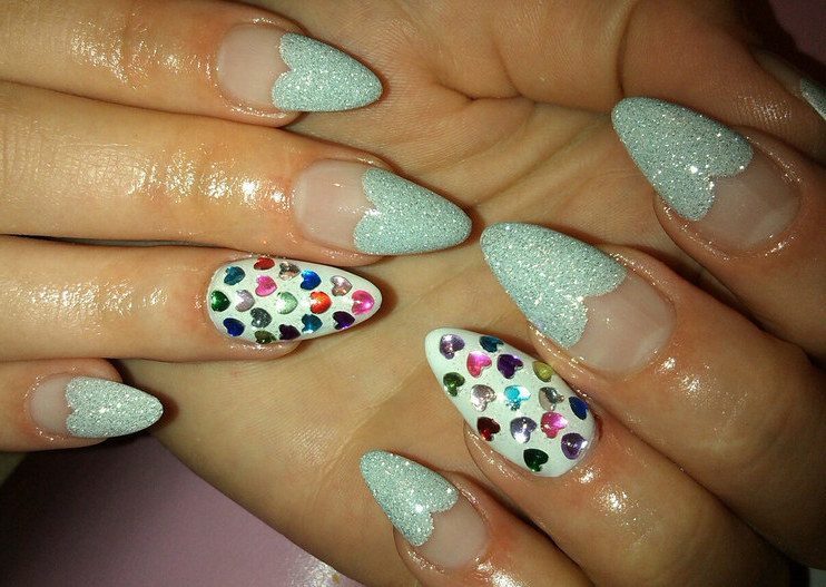Gray Glitter Gel French Tip Hearts With Colorful Heart Shaped Rhinestones Nail Art