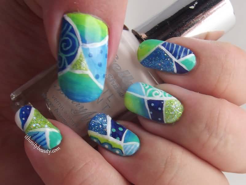 Green And Blue Mosaic Nail Art By Ithfifi