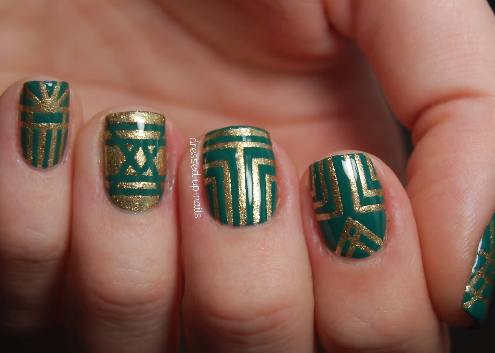 Green Base Nails With Gold Glitter Pattern Nail Design
