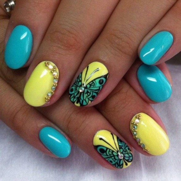 Green Butterflies With Rhinestones On Yellow Nails Art