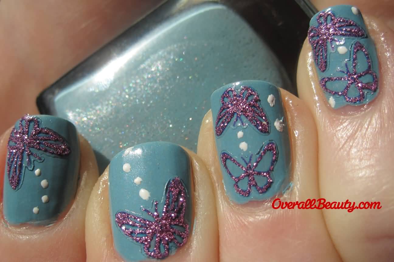 Green Nails With Purple Glitter Butterflies nail Art