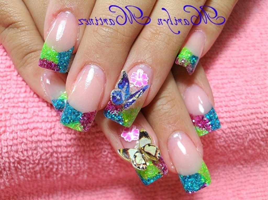 Green Purple And Blue Gel Tip Nails With 3D Butterflies Nail Art