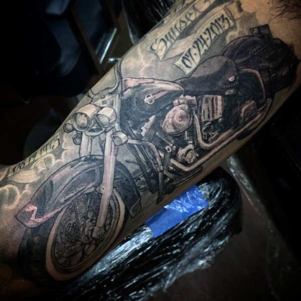 Grey And Black Harley Davidson Motorcycle Tattoo For Men