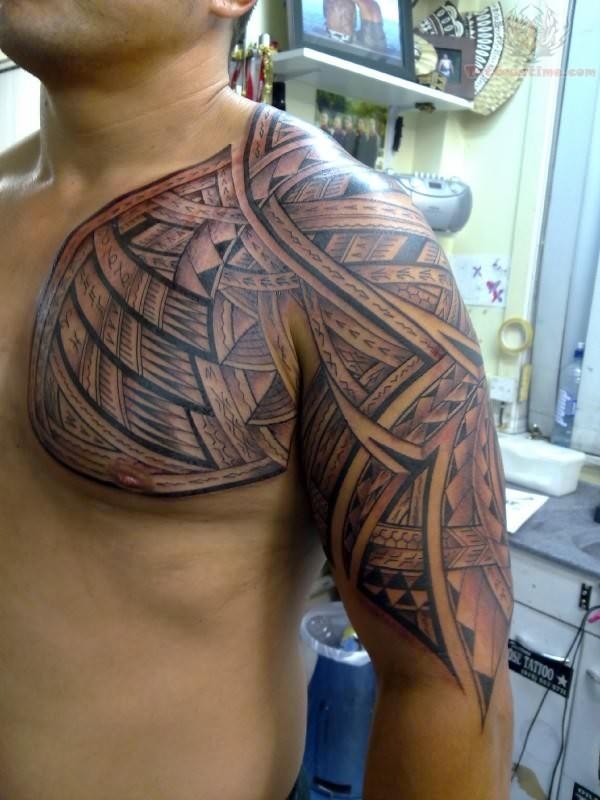 Grey And Black Samoan Tattoo On Left Half Sleeve And Chest