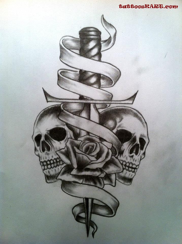 Grey Double Skull With Dagger Tattoo Design