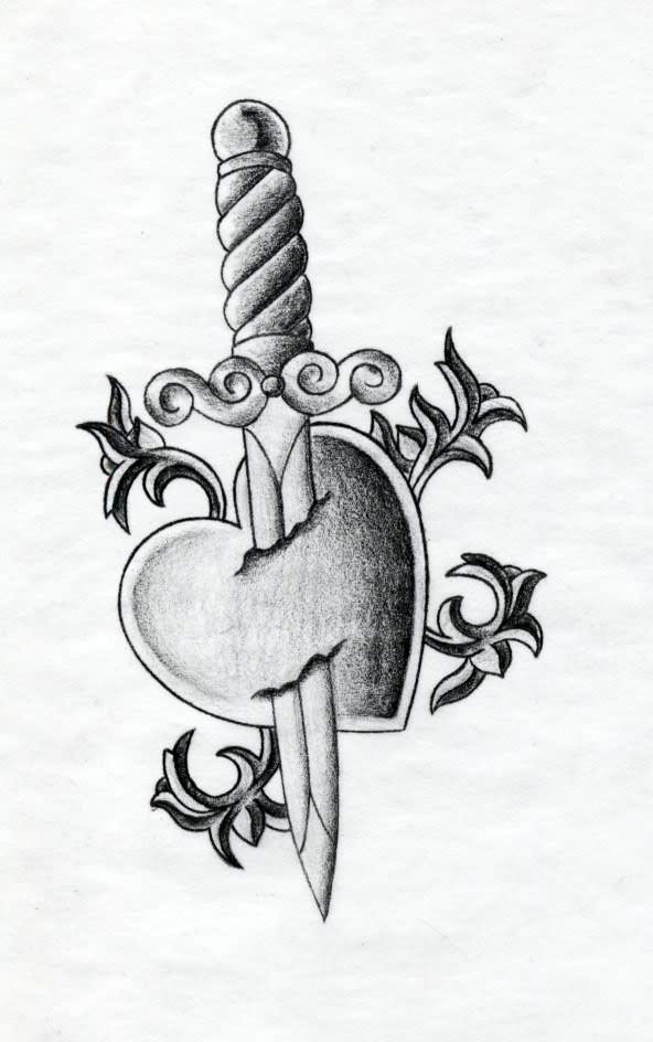Grey Heart And Dagger Tattoo Design