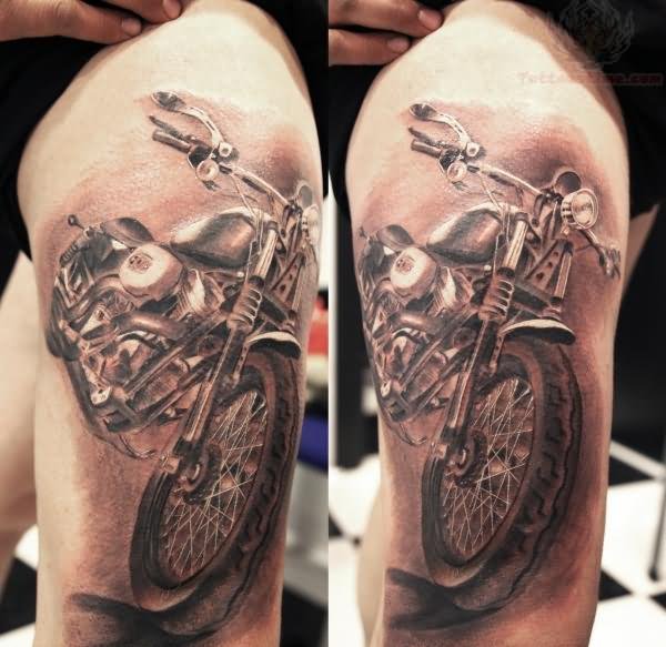 Grey Ink Realistic Harley Davidson Bike Tattoo On Right Thigh