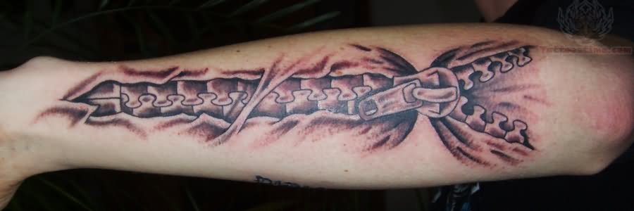 Grey Ink Zipper Tattoo On Arm Sleeve
