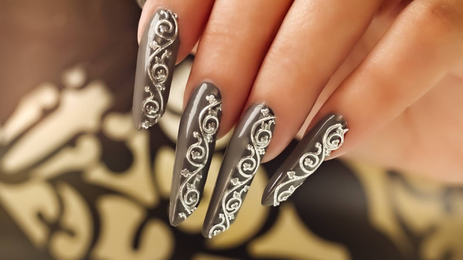 Grey Long Edge Nails Art With Decal 3D Nails