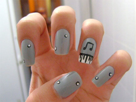 Grey Matte Nails With Accent Music Nail Art Design