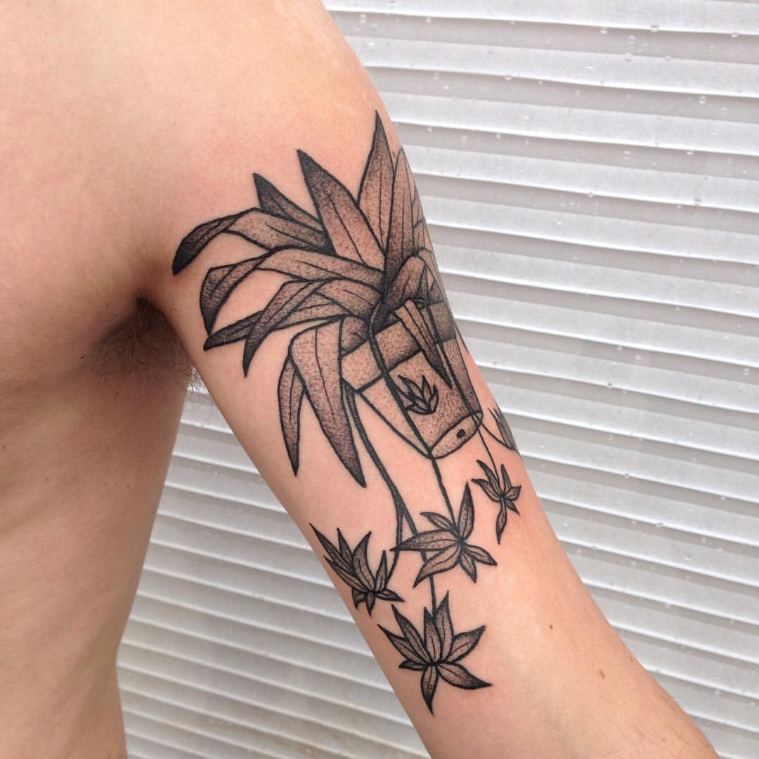 Grey Potted Plant Tattoo On Half Sleeve