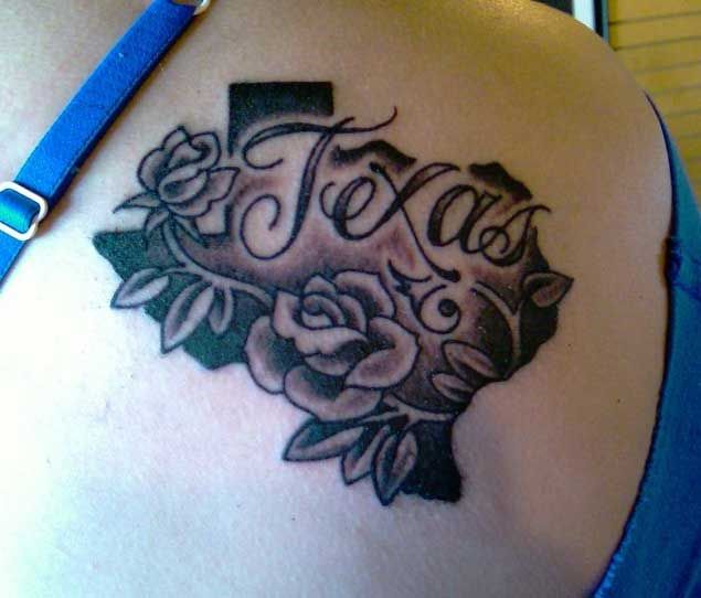 Grey Rose Flowers On Texas Map Tattoo