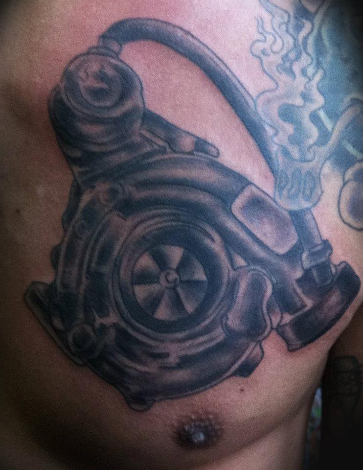 Grey Turbo Charger Tattoo On Chest