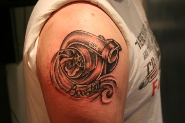 Grey Turbo Charger With Booster Text Tattoo On Right Shoulder