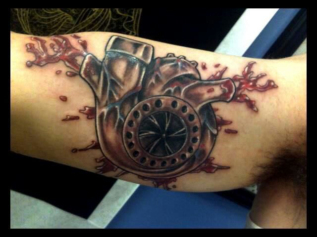 Grey Turbo Charger With Colors Splash Tattoo