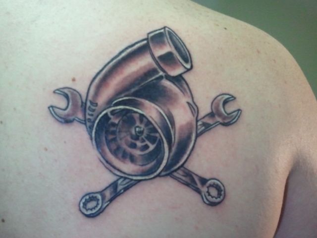 Grey Turbo With Crossed Wrenches Tattoo