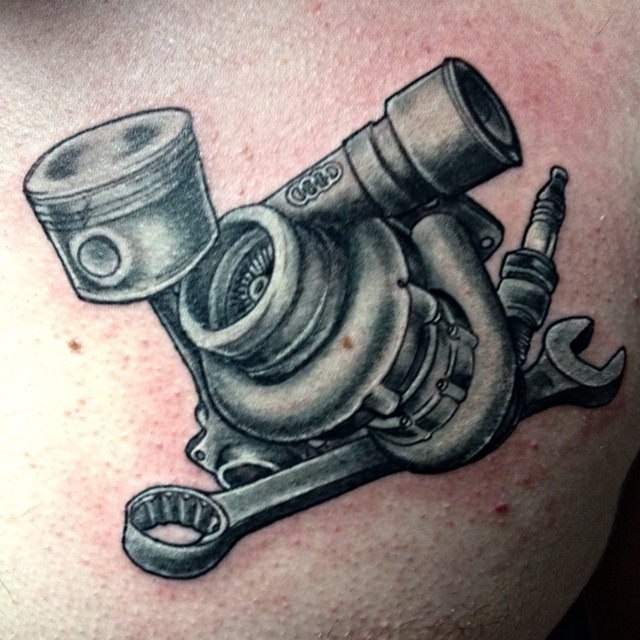 Grey Turbo With Wrench And Spark Plug Tattoo