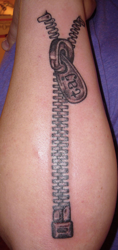 Grey Zipper Tattoo On Arm Sleeve