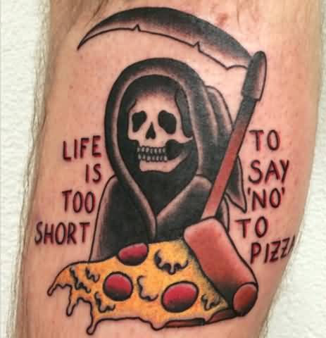 Grim Reaper With Pizza Slice Traditional Tattoo