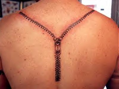 Half Open Zipper Tattoo On Upper Back