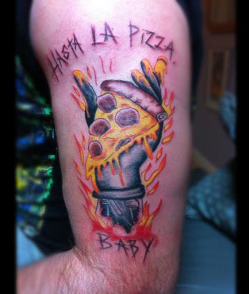 Hand Holding Pizza Slice With Flames Tattoo On Left Half Sleeve
