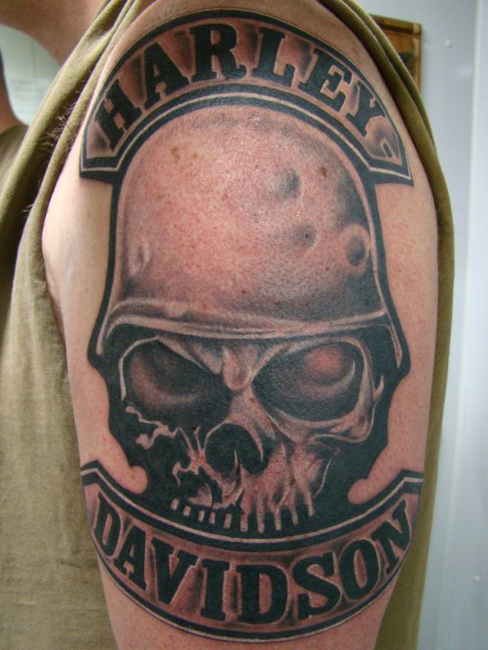 Harley Davidson Bike Symbol And Skull Tattoo On Left Half Sleeve