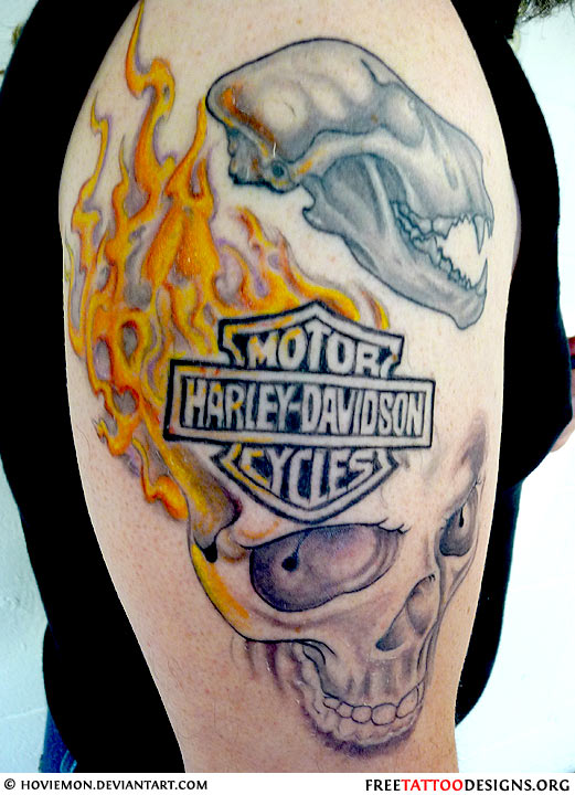 Harley Davidson Flames And Skulls Tattoo On Right Half Sleeve