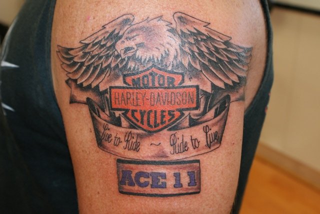 Harley Logo With Eagle Tattoo On Left Shoulder