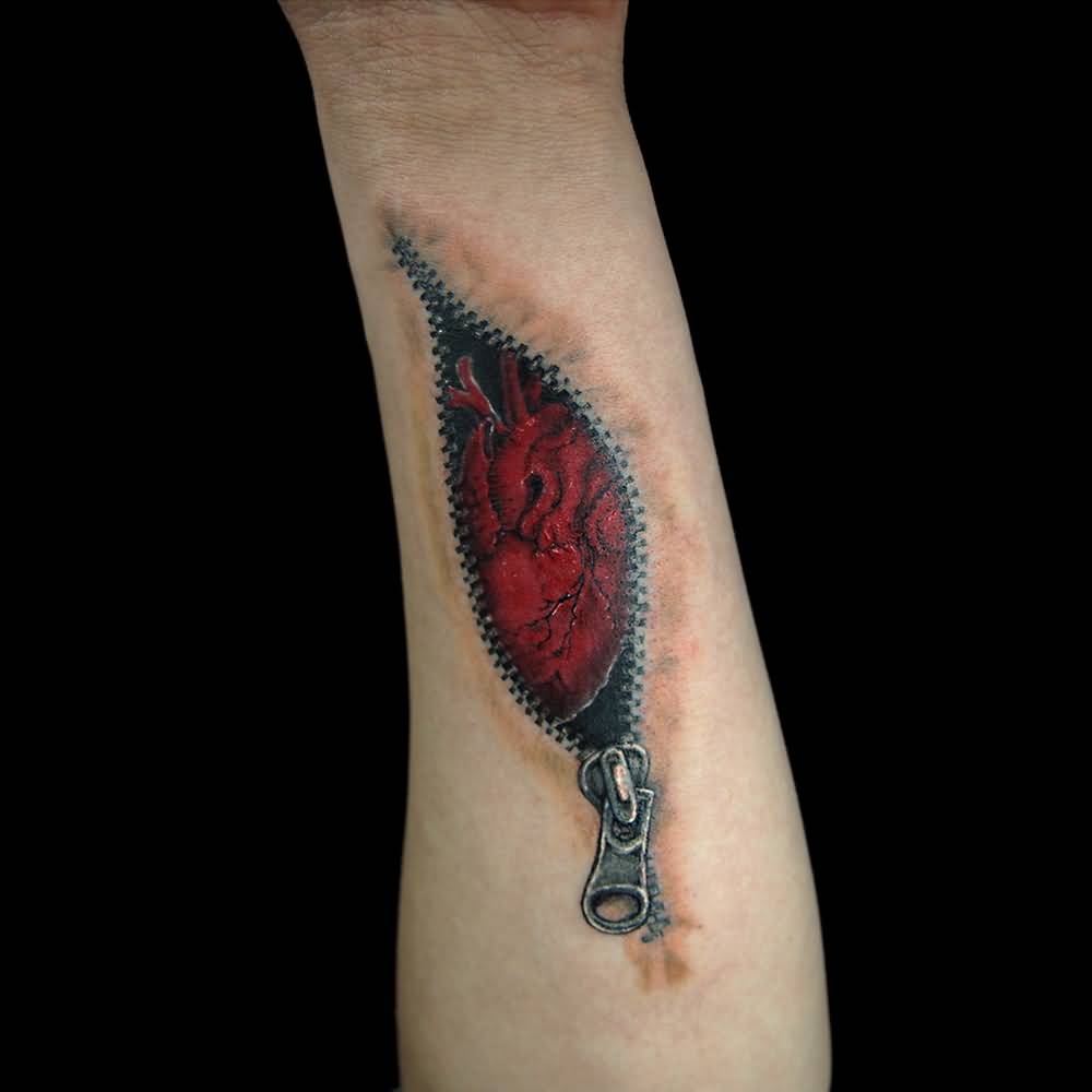 Heart And Zipper 3D Tattoo On Forearm