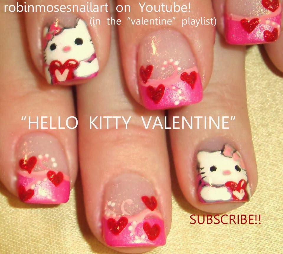 Hello Kitty And Red Hearts Nail Art