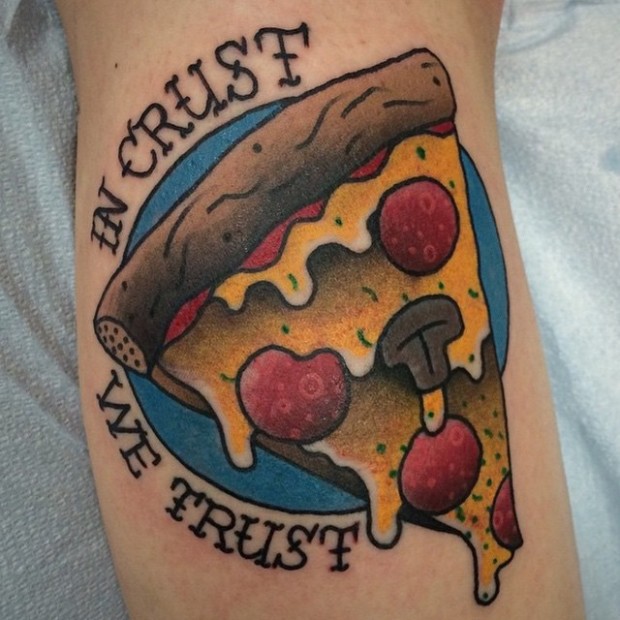 In Crust We Trust Pizza Piece Tattoo On Arm