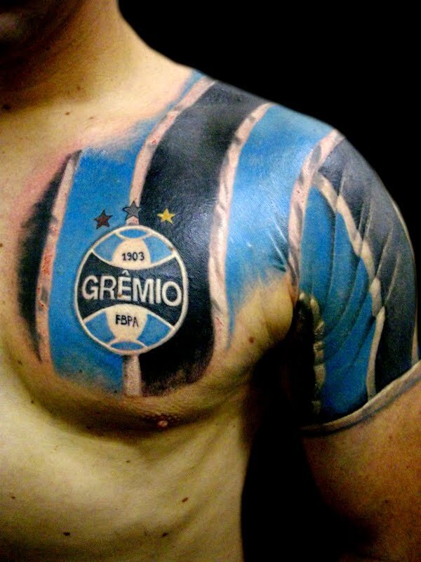 Incredible 3D Gremio Football Dress Tattoo On Left Shoulder And Chest