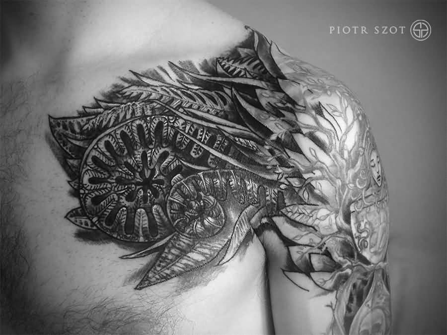 Incredible 3D Plant Composition Tattoo On Shoulder By Piotrszot