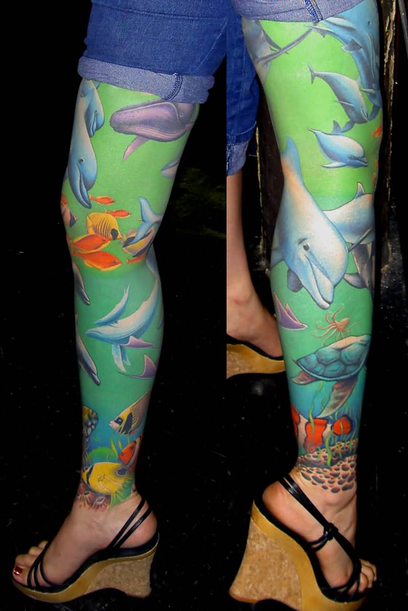 Inspiring Sea Creatures In Sea Colorful Tattoo On Leg