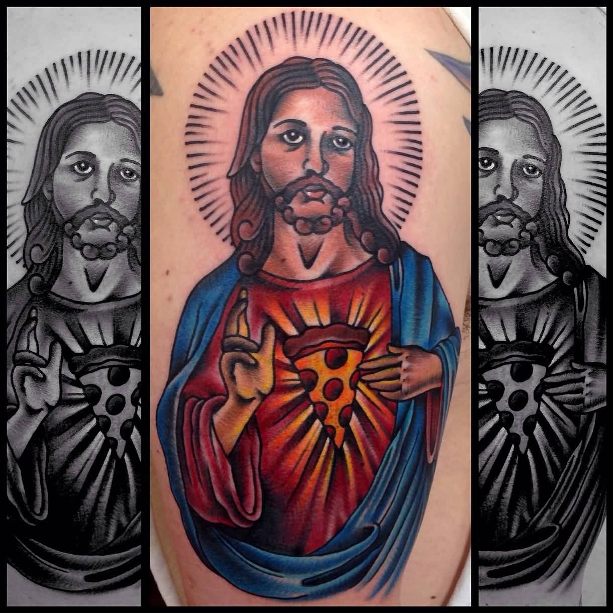 Jesus With Pizza Colored Tattoo