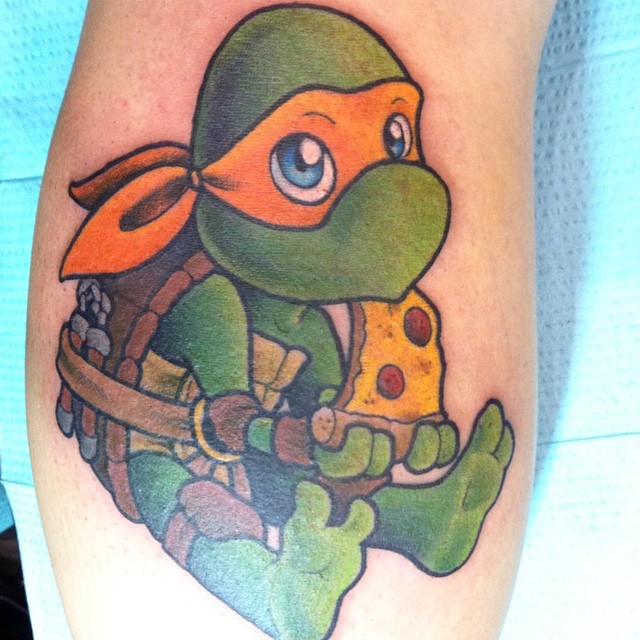 Kid Michelangelo Turtle Eating Pizza Tattoo