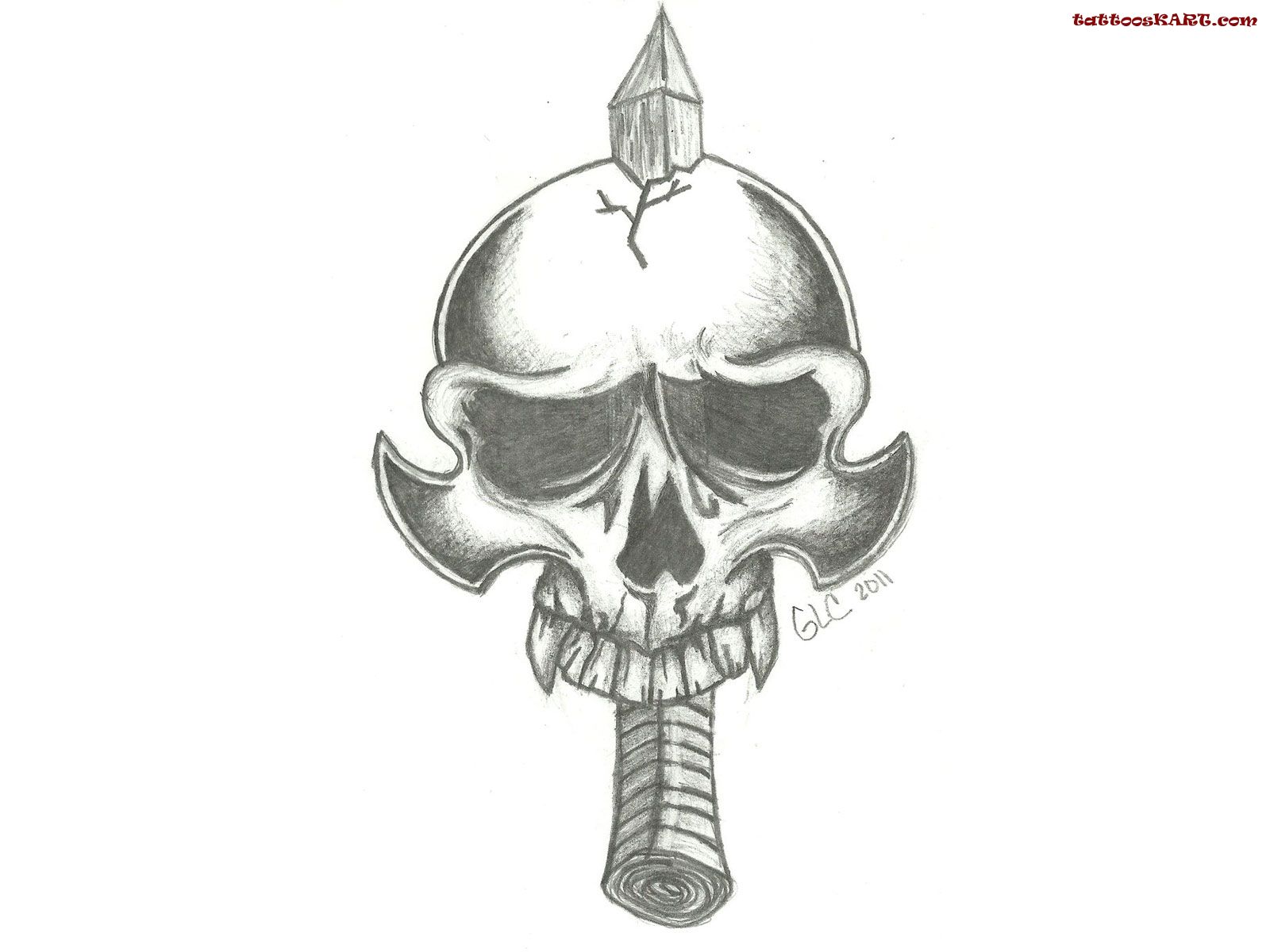 Knife And Skull Black And White Tattoo Design