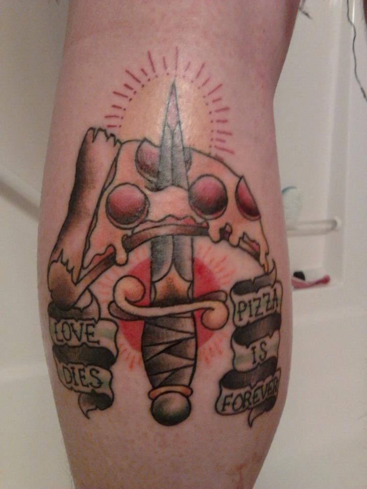 Knife In Pizza Tattoo On Arm