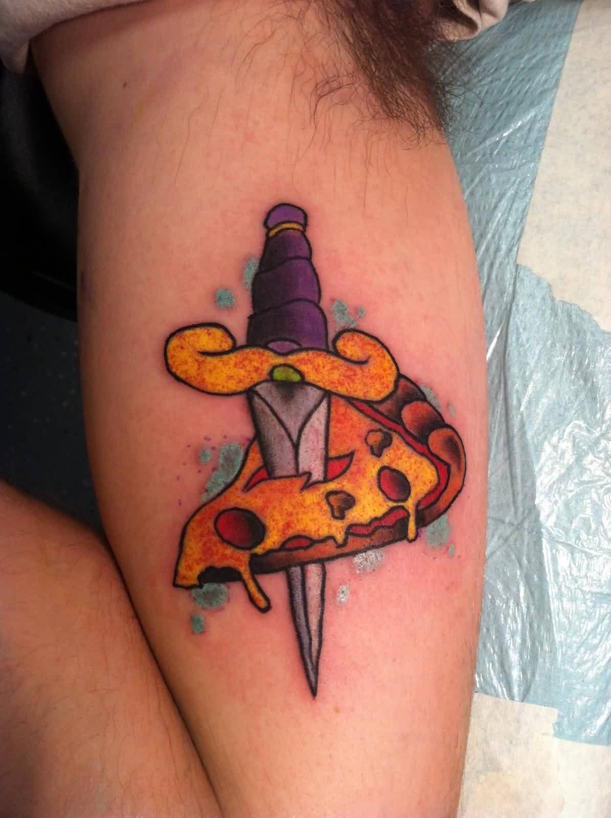 Knife In Pizza Tattoo On Biceps