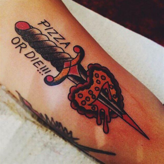 Knife In Pizza Traditional Tattoo On Arm
