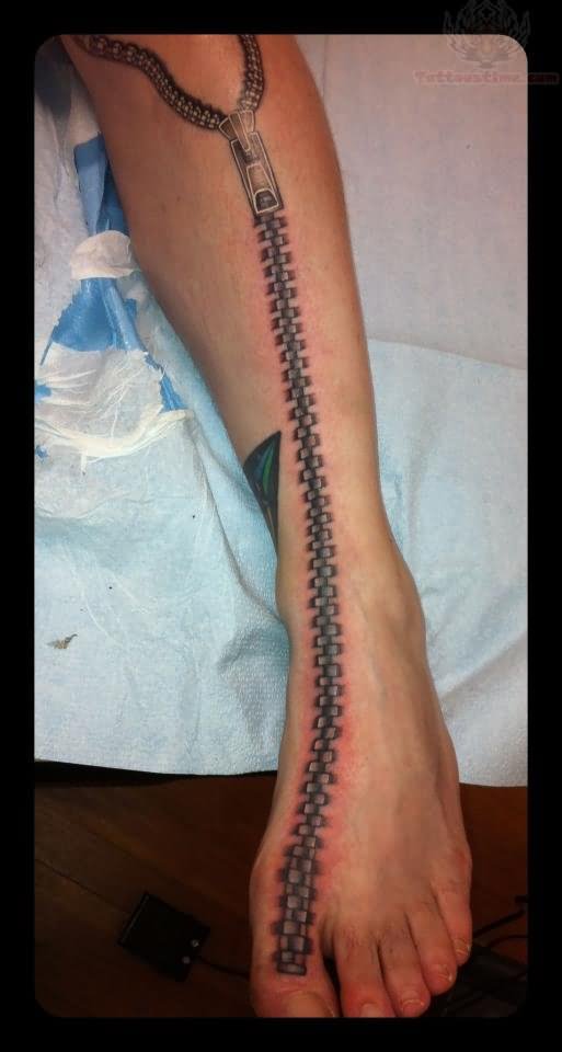 Large Zipper Tattoo On Left Leg
