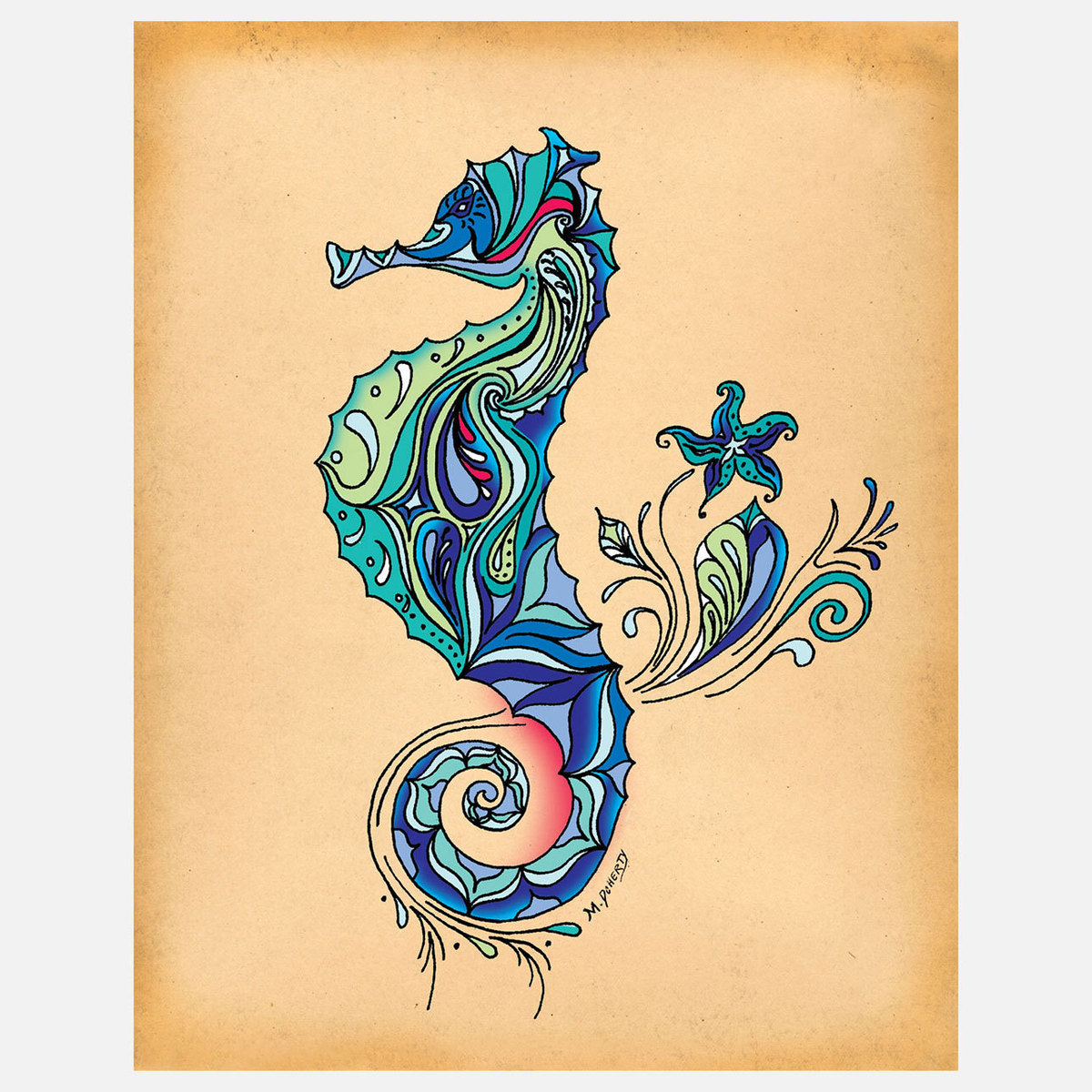 Latest Colorful Seahorse With Starfish Tattoo Design