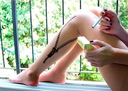 Left Leg Zipper Tattoo For Girls